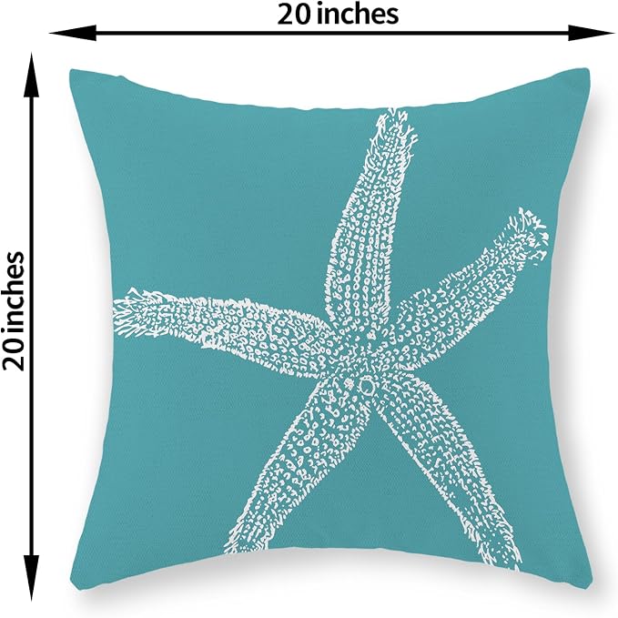 Coastal Pillow Covers 20x20 Set of 2 Aqua Teal Turquoise Coral Starfish Throw Pillows Nautical Ocean Decorations Summer Linen Beach Pillowcase Outdoor Decor Farmhouse Cushion Case for Couch
