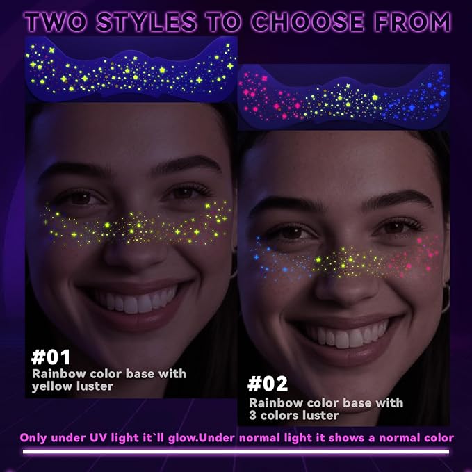 Noerrors 6pcs Rainbow Freckles Face Tattoo Sticker Glow under UV Light Blacklight in the Dark, Neon Fluorescent Glitter Colorful Star Fake Faux Freckle Temporary Patches Makeup for Party Supplies #01