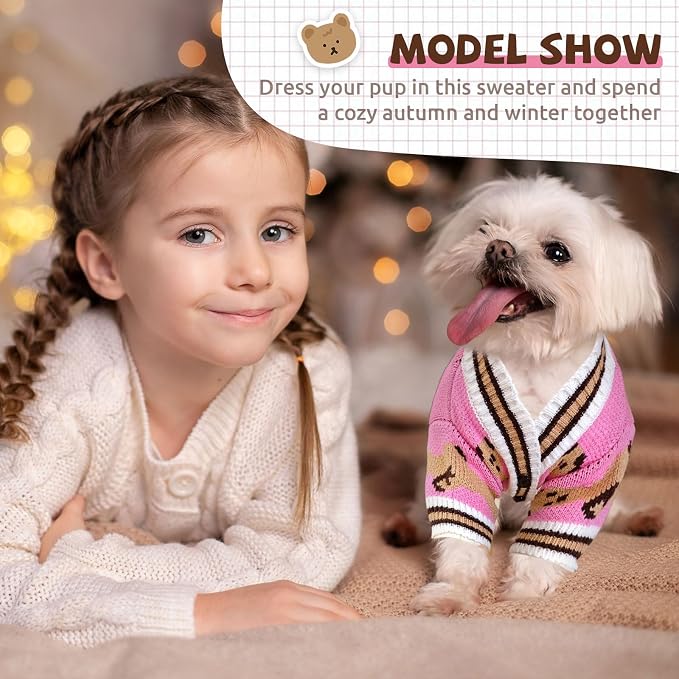 Small Dog Sweaters Cute Bear Knitted Dog Cardigans Clothes for Small Medium Dogs Soft Pet Puppy Cat Knitting Outfits Fall Winter Warm Boy Girl Dogs Knitwear Coat Apparel (Pink, Small)