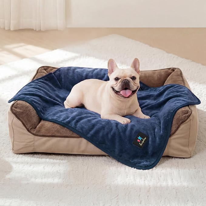 Luciphia Waterproof Pet Blanket, Washable Reversible Sherpa Fleece Throw | Liquid-proof furniture protector for bed and couch, soft reversible sherpa fleece for dogs, cats blue, XS
