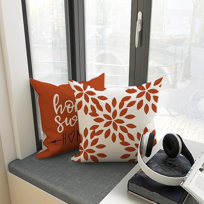 YCOLL Burnt Orange Linen Pillow Covers 16x16 Set of 4, Home Sweet Home Farmhouse Throw Pillow Covers, Holiday Decorative Cushion Covers for Sofa Couch Bed, Autumn Burnt Orangeic Fall Decor
