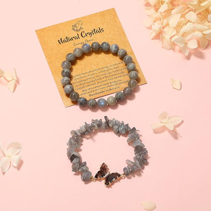 DUQGUHO 2Pcs Butterfly Bracelets for Women Healing Crystals Bracelets for Women Natural Gemstone Bead Bracelet Cute Butterfly Charm Bracelet Stretch 8mm Crystal Jewelry Gifts for Women