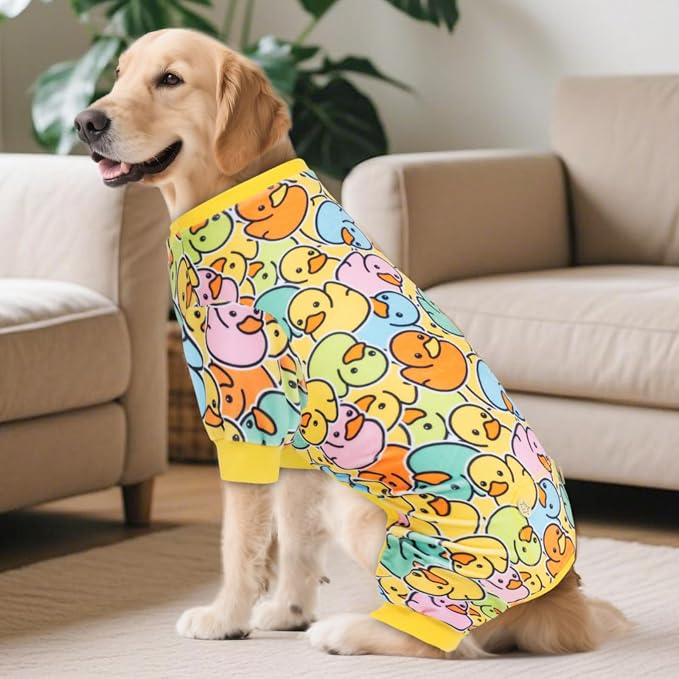 KYEESE Velvet Dog Pajamas for Medium Large Dogs Soft Onesie, Colorful Duck | 4-Way Stretch, Lightweight & Breathable, Reduces Shedding, Gentle on Sensitive Skin, Recovery Support, Easy Potty Breaks