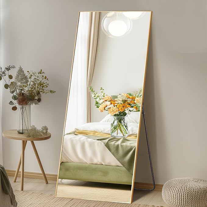 DUMOS 64"x21" Full Length Mirror with Stand, Full Body Floor Mirror | Free Standing or Wall Mount, Nano Glass Aluminum Frame, Hanging or Leaning, Modern Simple Home Decor, Gold