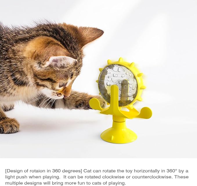 Interactive Cat Slow Feeder, Rotating Durable Dog Puzzle Toy, Mental Stimulation Treat Dispenser with Powerful Suction Cups for Cats and Dogs (Yellow)