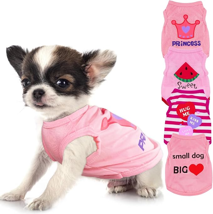 4 Pieces Dog Clothes for Small Dogs Girls Summer Autumn Cute Puppy Clothes Soft Pet Dog Shirts Chihuahua Teacup Dog Cat Clothing Pink Costume (Medium)
