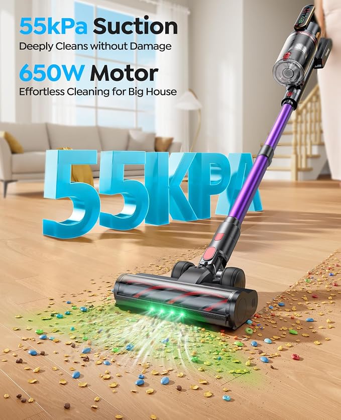Cordless Vacuum Cleaner 55KPa 650W 70Mins Stick Vacuum Cleaners for Home | with Pet Brush, 3.3Ft Hose, Wall Mount Charging, Auto Mode, Touchscreen, Self-Standing Vacuum for Pet Hair/Carpet/Car