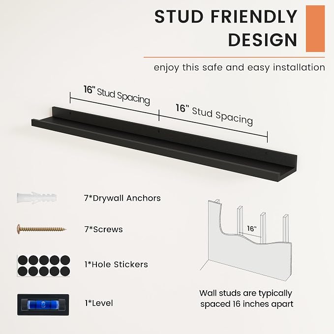 Picture Ledge Shelf, Floating Shelves for Wall, 40" W Set of 2, Black | FSC Certified Engineered Wood, Wall Mounted Bookshelf, for Nursery Living Room Bedroom, Pre-Drilled, Easy Install