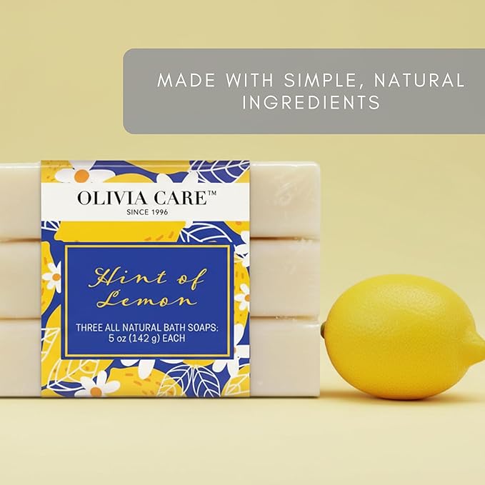 Olivia Care Lemon Bar Soap 3 Pack Natural, Organic - Infused with Citrus Lemon Essential Oil - Clean Energize Mind Body - Moisturize, Hydrate - Makes Skin Soft & Silky - 3 X 5 OZ