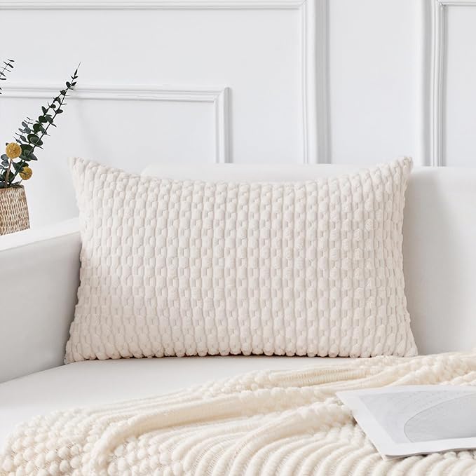 Kevin Textile Soft Corduroy 12"x24" Lumbar Pillow Cover 1 Pack, Pure White | Boho Stripe Plush Corduroy Decorative Oblong Cushion Cover Modern Farmhouse Home Decor for Sofa Couch Bed Chair