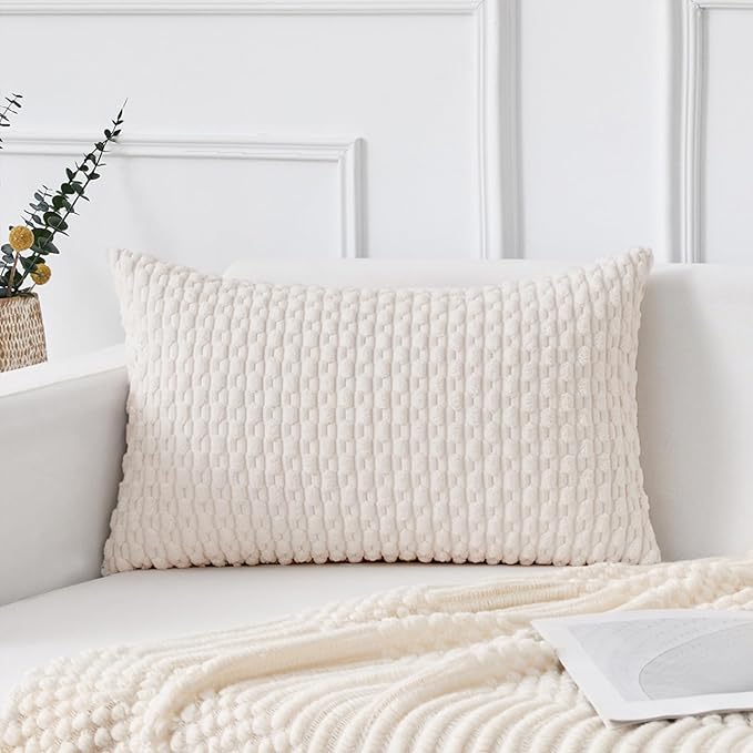 Kevin Textile Soft Corduroy 14"x24" Lumbar Pillow Cover 1 Pack, Pure White | Boho Stripe Plush Corduroy Decorative Oblong Cushion Cover Modern Farmhouse Home Decor for Sofa Couch Bed Chair