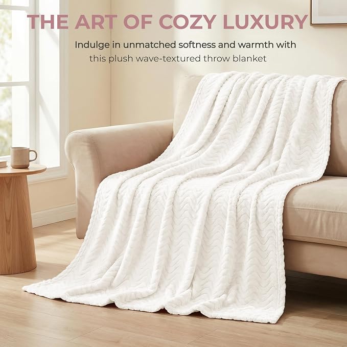 Exclusivo Mezcla Soft Fleece Blanket Twin Size for Bed, Sofa, Ivory | 90"x66" Breathable Lightweight Flannel Blanket for Summer, Plush Cozy Jacquard Wave for Home Decor