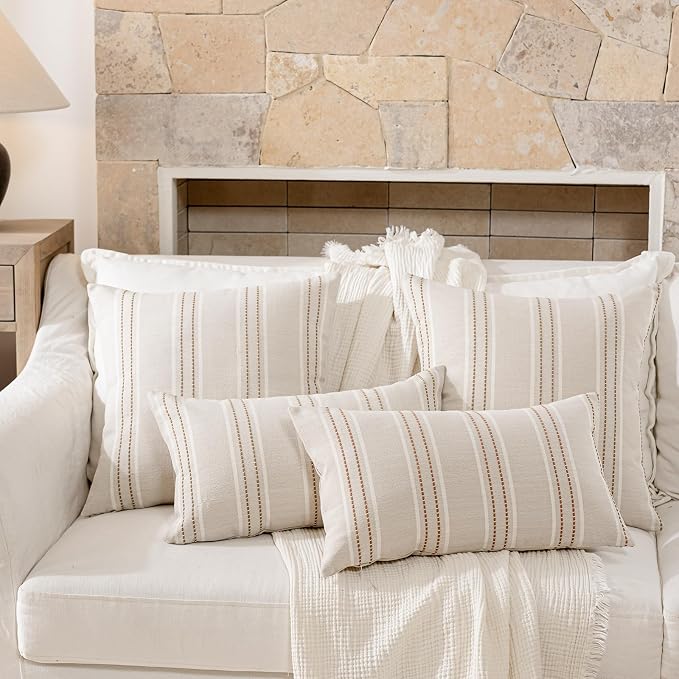 Hckot Tan Brown Throw Pillow Covers 22x22 Set of 2 Striped Pillow Covers | Farmhouse Decorative Pillows Textured Linen Square Cushion Covers for Sofa Couch Bed Living Room Decor(Tan)