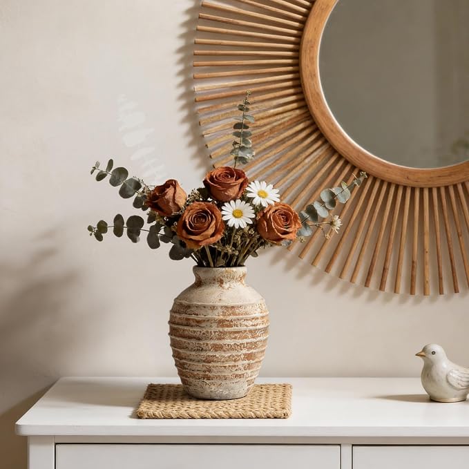 DOWAN Ceramic Flower Vase, Decorative Pampas Vase for Home Decor, Modern Farmhouse Pottery Vase for Living Room Table Kitchen Bedroom Coffee Desk Entryway Mantel Book Shelf (Brown, 6.6 INCH)