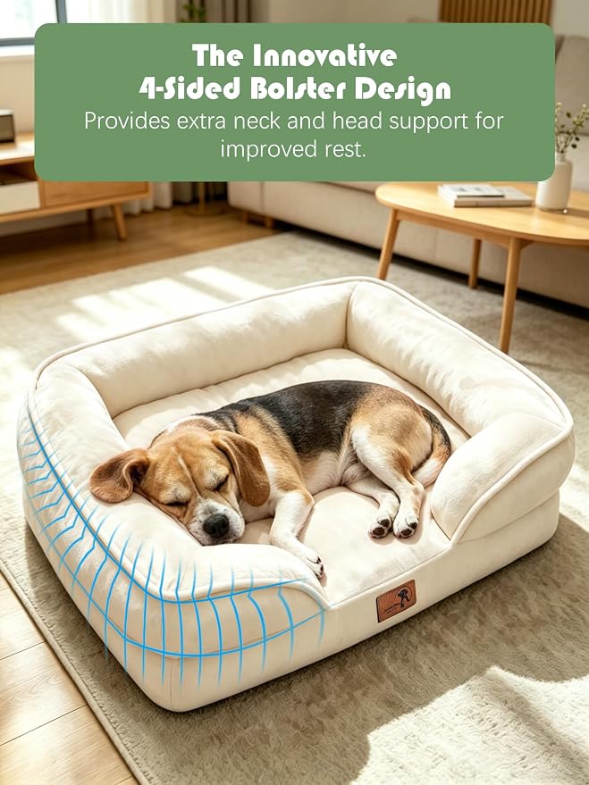 Spotted Play Orthopedic Dog Bed with Sides - Sofa Beds for Medium Dogs, Supportive Foam Pet Couch Bed with Washable Removable Cover, Waterproof Lining and Non-Slip Bottom, Ivory - M