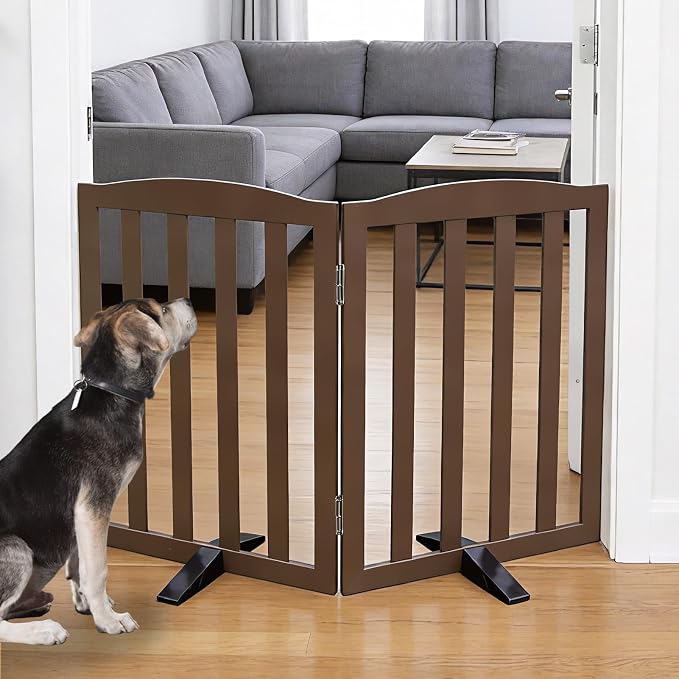 ZJSF Foldable Freestanding Indoor Dog Gate for House Wood Long Pet Gates Dog Fence for Stairs Puppy Gates for Hallways, Puppy Gate,Support Feet Included, Brown, 24 "Height-2 Panels