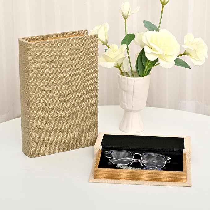 DECOR4SEASON Decorative Faux Book Storage Boxes Set of 2, Linen Fabric Textured Books, Neutral Cream & Grey, Modern Minimalist Home Decor, Bookshelf Accents for Coffee Table