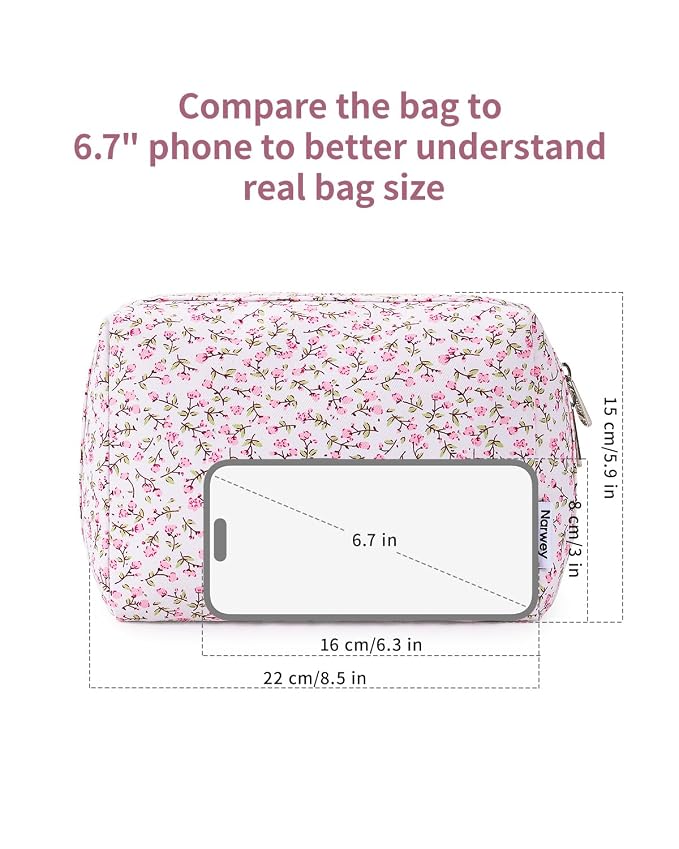 Narwey Cute Floral Makeup Bag Travel Cosmetic Bag Organizer Toiletry Bag Make Up Bags with Compartments for Women Girls (Pink Flower, Large)
