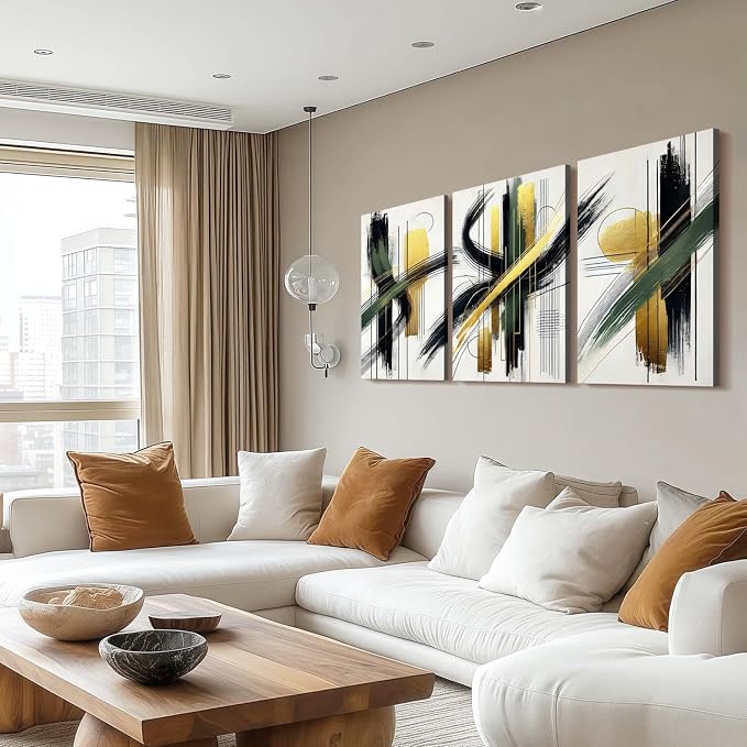 3 Pcs Framed Abstract Wall Art Modern Gallery Prints Black Green Gold Lines Canvas Painting Minimalist Poster Picture Living Room Bedroom Office Wall Decor 16x24 Inch Ready To Hang