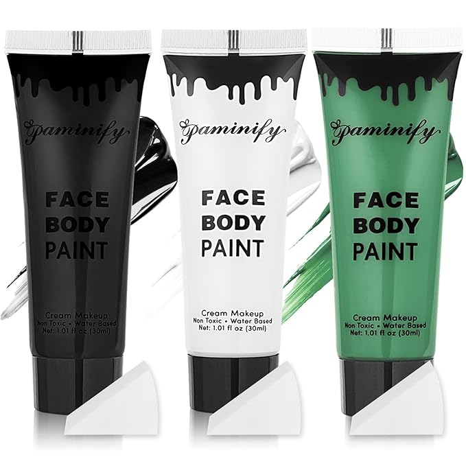 Black White Green Face Body Paint 1.01 oz/pc with 3 Sponges,Dark Green Zombie Face Painting Cosplay Kit, Elphaba Hunting Hulk Halloween SFX Witch Makeup Cream Face Paint,3 oz