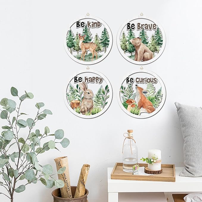Woodland Nursery Wall Decor, Inspirational Girl Room Hanging Sign, 4 Pieces 10''x10'' Jungle Animals Wooden Decoration for Kids, Cartoon Fox Bear Art Sign for Teens Toddler Boy Baby Playroom