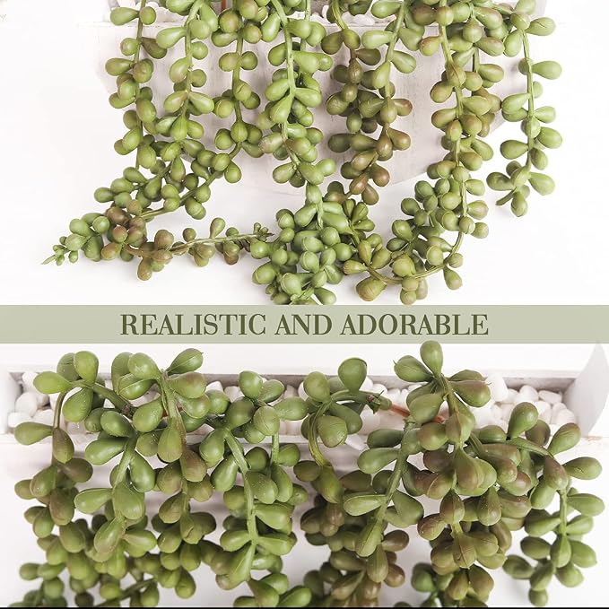 2pcs Artificial Succulents Hanging Plants 12.2'' Fake String of Pearls in Pot with 8.3'' Lanyard for Indoor Outdoor Wall Decor.