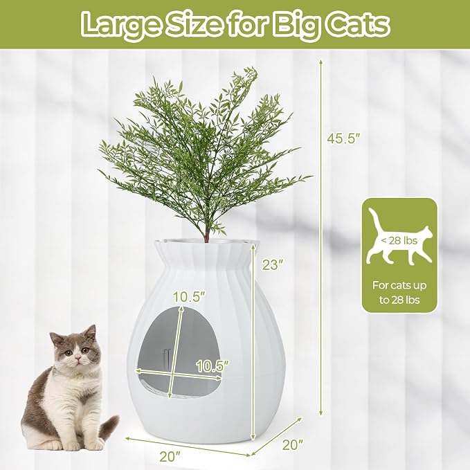 Giantex Cat Litter Box Plant - Hidden Litter Box Furniture with Electronic Odor Removal System, Detachable Door Curtain, Scoop, Cat Litter Box Enclosure Planter Home Decor, Easy to Clean (White)