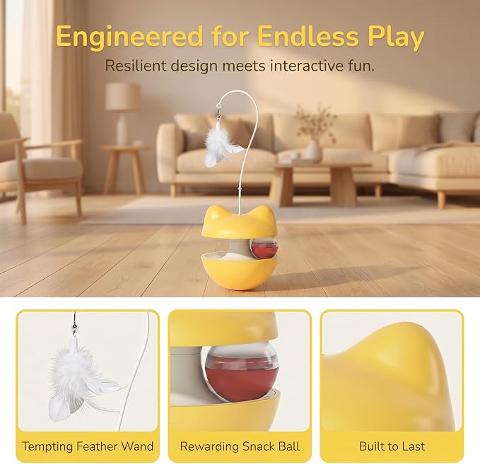 Cat Toys for Indoor Cats, Rocking Treat Dispenser Toy with Leaking Ball & Detachable Feather, Cat Toys Interactive, Kitten Toys, Cat Toy for Boredom Relief, an Interactive Cat Toy (Yellow)