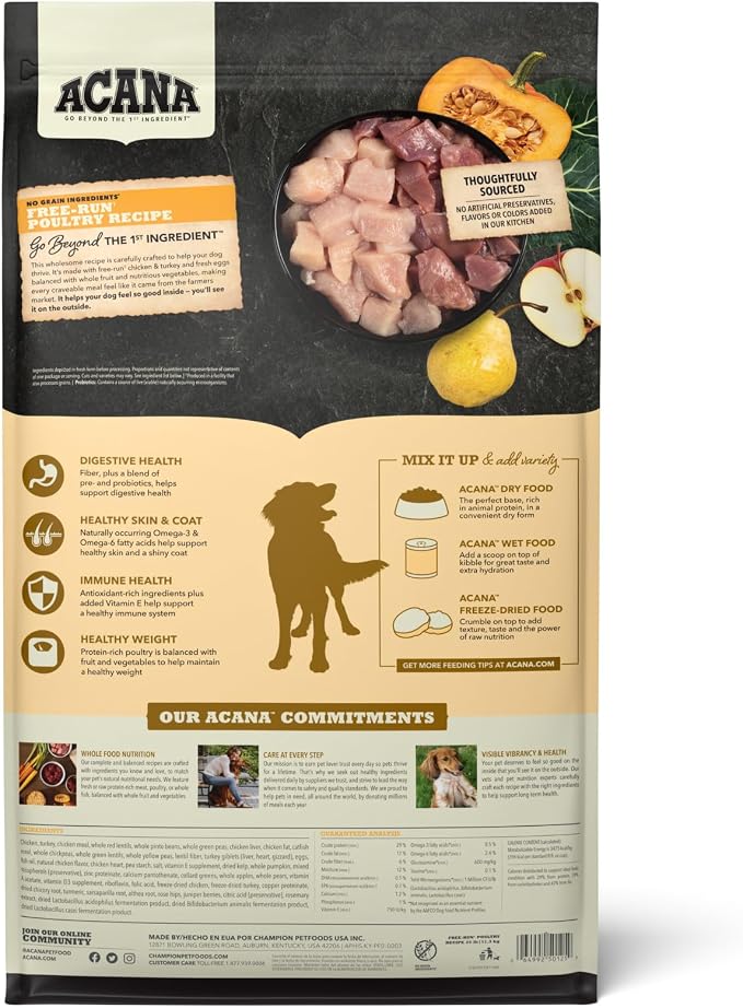 ACANA Grain Free Dry Dog Food Free Run Poultry Recipe 25lb Bag | Grain Free, High Protein, Made in the USA, Includes Probiotics, Omega-3 Fatty Acids, Free-Run Poultry