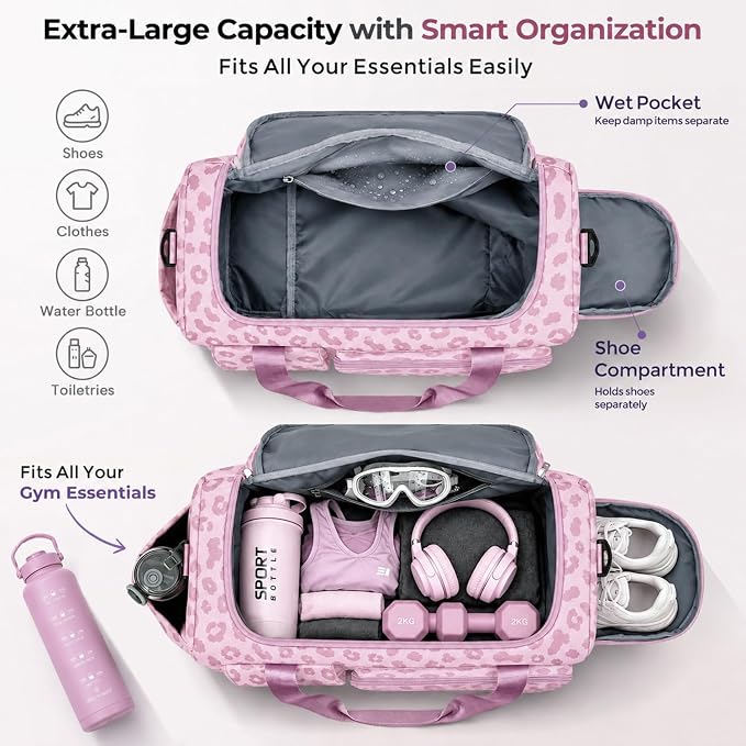 FIORETTO Women's Gym Duffle Bag with Shoes Compartment, 30L Capacity, Ideal for Travel, Gym, Sports, Duffel, Weekender