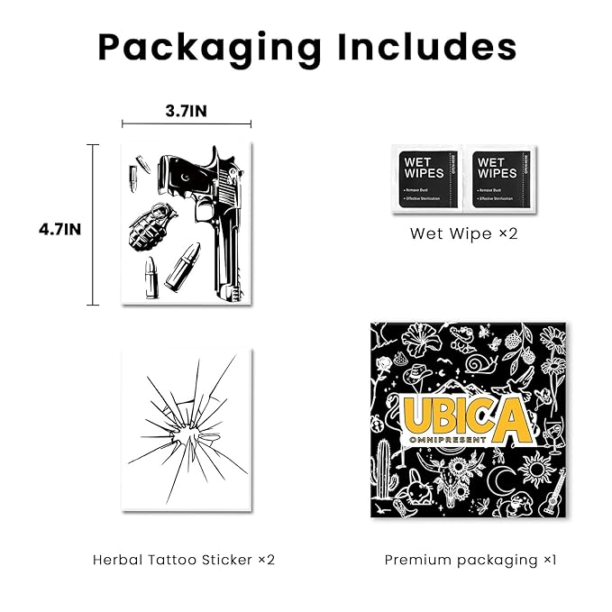 Tattoo Tech, 2 Weeks Lasting Tactical Weapons Semi Permanent Tattoo, Temporary Fake Tattoos For Men Adults Arm Hand Neck, Realistic, Waterproof and Non-Reflective, 2 Sheets