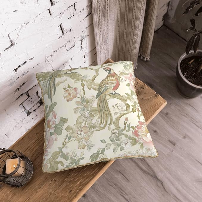 Vintage Bird Floral Velvet Pillow Covers 20x20 Inch Chinoiserie Flowers Leaves Throw Pillows for Couch Farmhouse Cushion Covers Pillowcase Light Green Leaf Pillow Cases for Sofa Bed Outdoor Decor