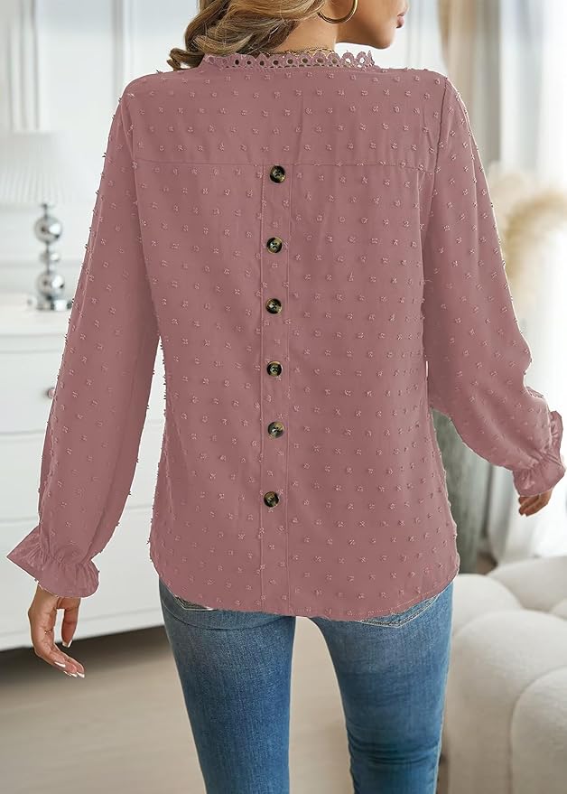 Womens Boho Tops Long Sleeve Shirts For Women Cute Crewneck Blouse Dressy Casual Swiss Dot Crochet Hollow Top 2026