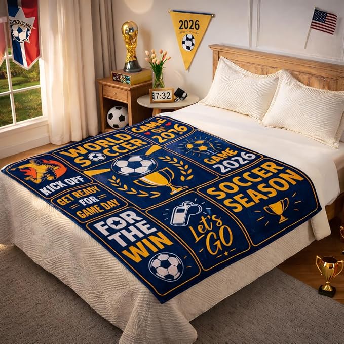 World Soccer 2026 Throw Blanket, Soccer Season Game Day Blanket, Soft Flannel Football Fan Blanket for Couch Bed, Decor Gift for Men Women Kids