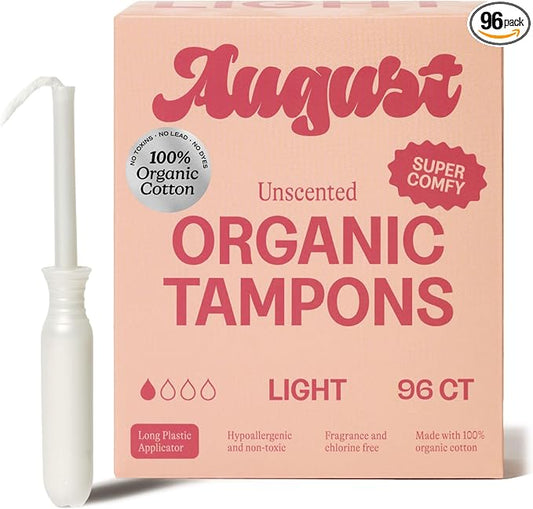 August Organic Cotton Tampons, 96 Light Tampons Made with Organic Cotton, Long Applicators, Non-Toxic, Fragrance-Free, Chlorine-Free, and Hypoallergenic (6 Boxes of 16/12 Boxes of 8)