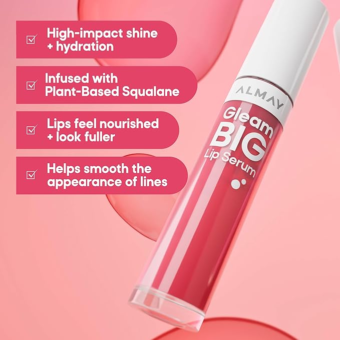 Almay Gleam Big Lip Serum, Hydrating and Moisturizing, Hypoallergenic Lip Gloss, Non-Sticky, 200 Lavender Dreams, 0.13 fl oz