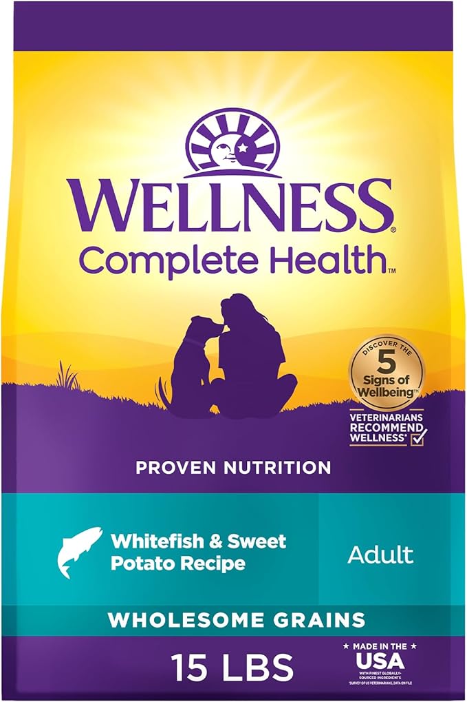 Wellness Complete Health Adult Dry Dog Food, Wholesome Grain Kibble, Natural, Chicken Free, Whitefish and Sweet Potato Recipe, 15 lb Bag