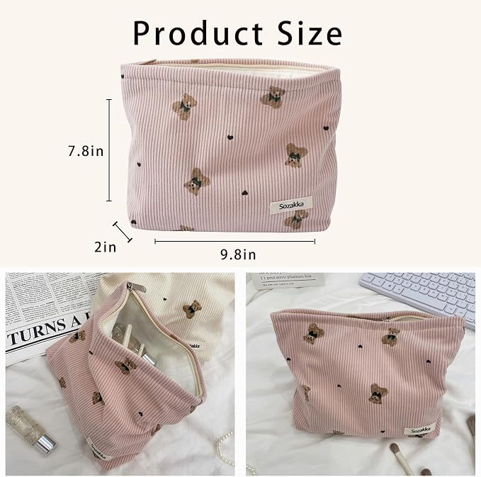 uekeboag 2Pcs Cute Small Soft Corduroy Zipper Makeup Bag for Purse, Coquette Aesthetic Pouch with Bear Pattern for Women Girls, Kawaii Travel Cosmetic Bags（Pink Set）
