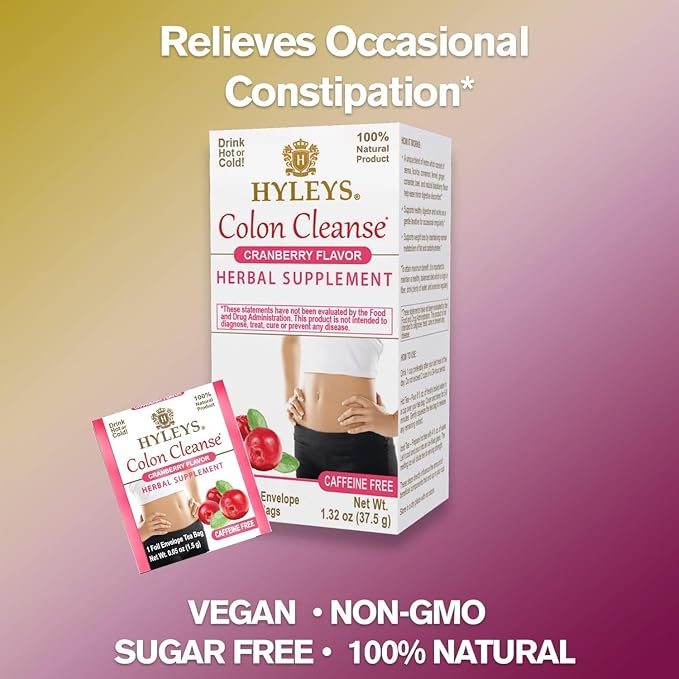 HYLEYS Colon Cleanse Tea, Cranberry Flavor - 150 Individually Wrapped Herbal Tea Bags (6 Pack of 25) - Caffeine Free, Gluten Free & Vegan