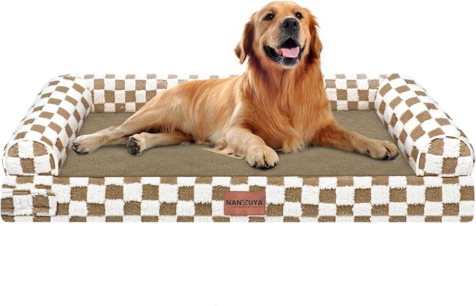 Orthopedic Dog Bed for X-Large Dogs, 40 x 32 Inch, Brown Grid | Egg crate foam for joint support, 3-sided bolster pet sofa, waterproof lining, washable cover, and non-skid base