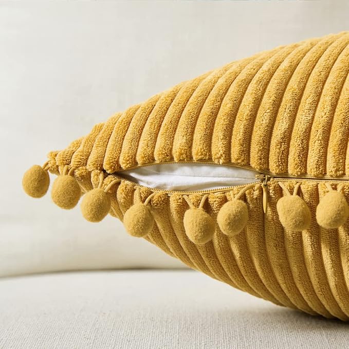 Fancy Homi Pack of 2 Mustard Yellow Fall Decorative Throw Pillow Covers 20x20 Inch with Pom-poms for Living Room Couch Bedroom, Soft Corduroy Solid Square Cushion Case 50x50 cm, Boho Home Decor