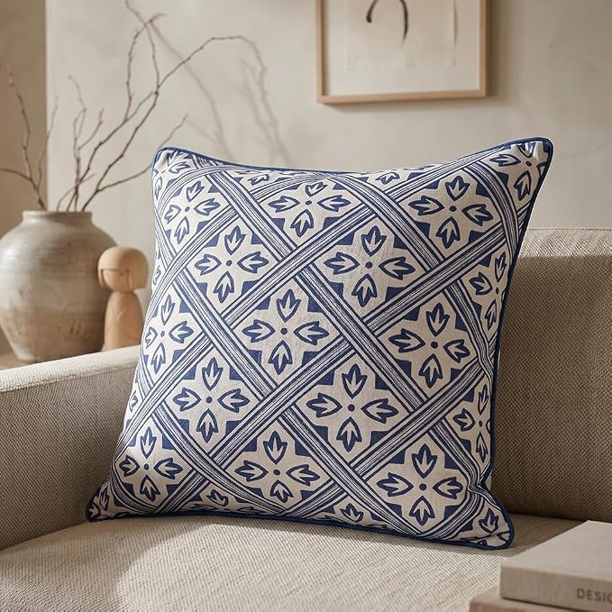 patdrea Designer Vintage Linen Throw Pillow Cover,18"x18"-Ivar C | Decorative Pillow Case,Chinoiserie Blue Floral Print Pillow Cover for Couch Living Room Bedroom Sofa