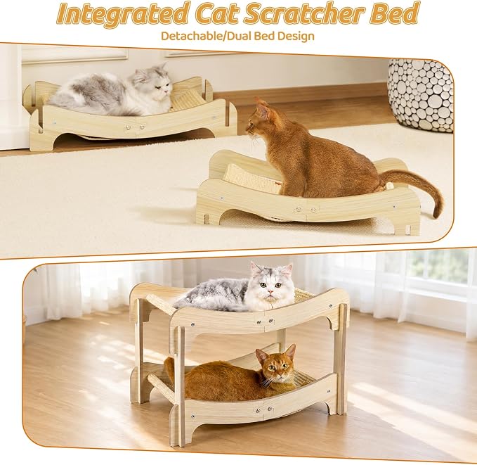 Sisal Cat Scratcher Bed for Indoor Cats, Wooden Cat Furniture | Cat Bunk Bed Natural Sisal Scratch Post for Cats Lounge,Horizontal Cat Scratcher Board to Protect Furniture(Two-Tier)