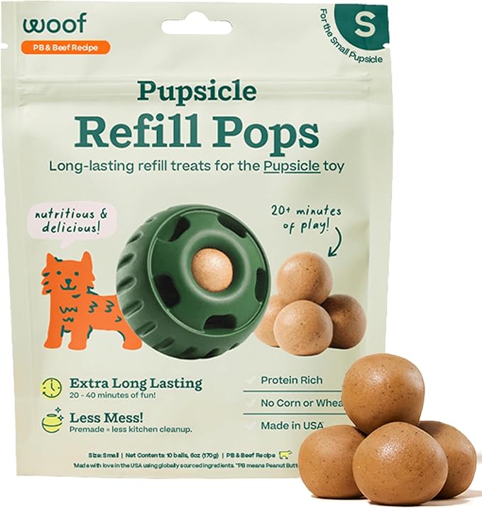 WOOF Pupsicle Peanut Butter & Beef Refill Pops Dog Treats, Small, 10 Count | For small Pupsicles, peanut butter & beef flavor, long-lasting treats, pre-made Pops, wholesome ingredients, shelf stable