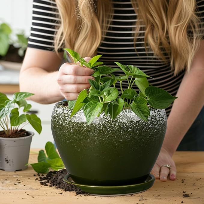 Ceramicfor 8 Inch Plant Pot - Ceramic Planter with Drainage Hole and Saucer, Modern Flower Pot for Glazed Indoor Plants Outdoor, Dark Green