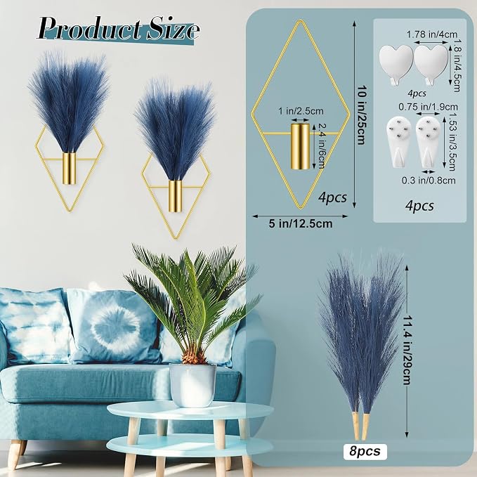 Hanaive 4 Sets Boho Wall Decor Metal Wall Art Hanging Planters with Artificial Pampas Display Modern Home Vase for Bedroom Home Office(Soft,Dark Blue)