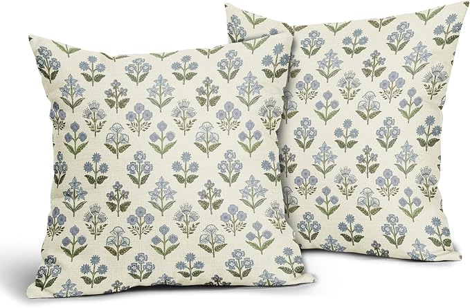 Blue Green Block Print Pillow Covers 22x22 Inch Set of 2, Vintage Floral Spring Decorative Throw Pillow Cases Boho Cushion Covers Rustic Decoration Gift Farmhouse Sofa Couch Bed Decor
