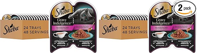 Sheba Gravy Indulgence Adult Wet Cat Food,Wet Food for Cats Salmon Entree in Extra Gravy,2.6 oz. Twin-Pack Trays (,48 Servings),24 Count (Pack of 2)