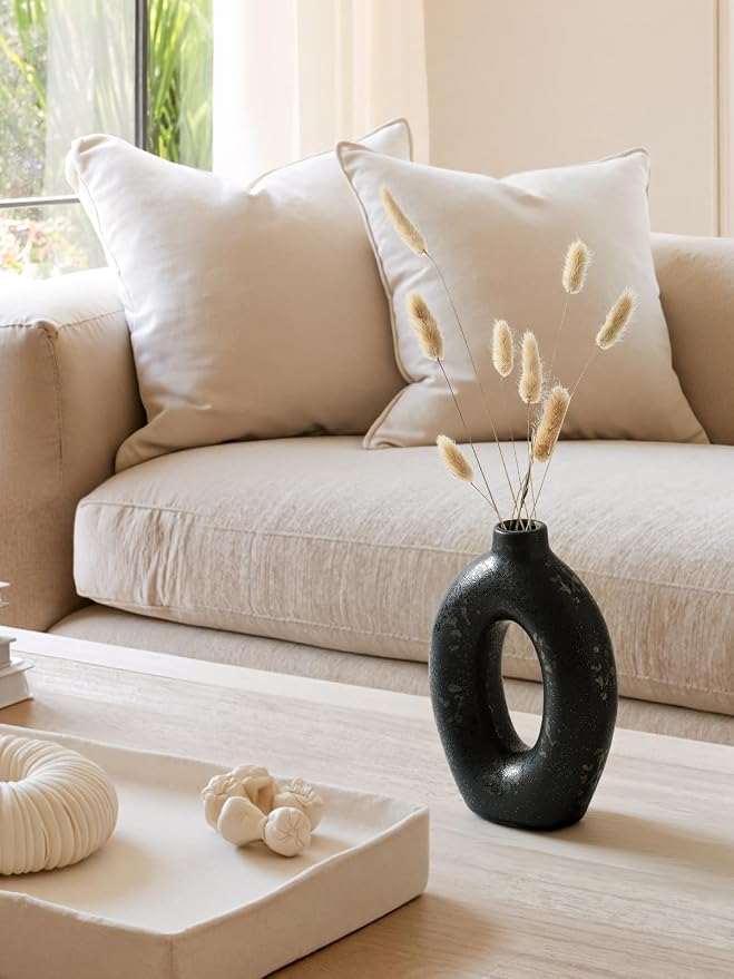LE TAUCI Ceramic Vases Set of 2, Black Hollow Donut Flower Vases, Modern Decorative Centerpiece for Home Decor, Coffee Table, Shelf, Mantel, Black Bronze Speckle (H10.5”xW8.5”)