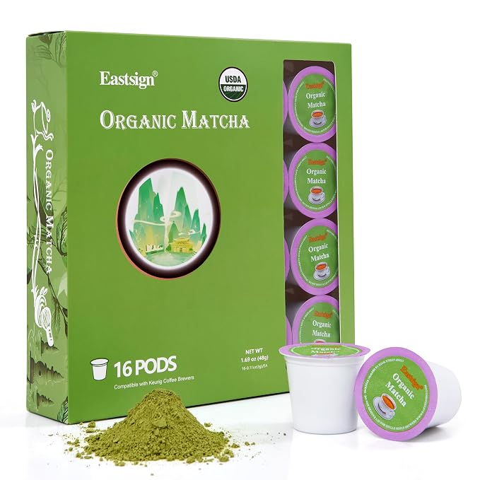 Eastsign Organic Matcha Green Tea K Cups for Keurig, 16 Count Matcha Tea Pods, Matcha Latte K Cups, Smooth Single-Serve Green Tea Pods for Hot or Iced Drinks